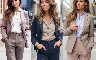 Eleganckie casual damski przykłady: trzy kobiety w stylowych zestawach ze spodniami i marynarkami.