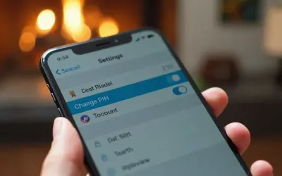 Dłoń trzyma smartfon z otwartym menu "Ustawienia", gdzie widoczna jest opcja "Change PIN".