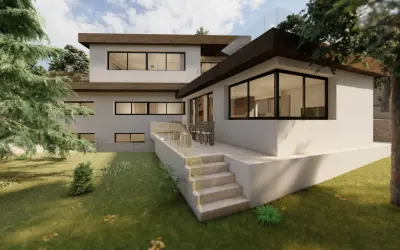 Modern casa de campo con ampliación de dos niveles, terraza y escaleras.