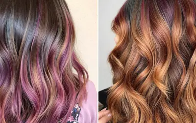 Chevelures ondulées aux reflets roses et cuivrés, une tendance meches cheveux audacieuse et vibrante.