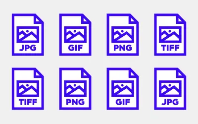 Iconos de archivos de imagen: JPG, GIF, PNG, TIFF. Para impresión, TIFF suele ser el formato de imagen con mejor calidad.