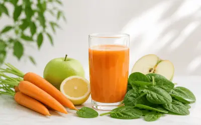 Szklanka pomarańczowego soku, marchewki, jabłko, cytryna i szpinak – idealne składniki na zdrowy detoks sokowy.