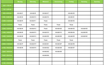 Ein detaillierter Wochenplan, der hilft, den Tag zu strukturieren. Hier kann man seinen persönlichen lernplan erstellen und Aktivitäten sowie Pausen eintragen.