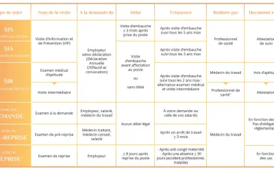 Tableau résumant les types de suivi, les visites, les délais, la fréquence, le professionnel et le document remis, incluant l'attestation visite médicale travail.