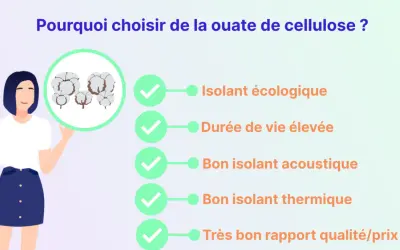 Une femme présente les avantages de la ouate de cellulose : isolant écologique, durable, acoustique, thermique et bon rapport qualité/prix.