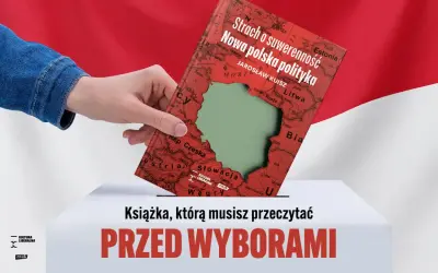Ręka wrzuca książkę "Strach o suwerenność. Nowa polska polityka" do urny wyborczej. Obraz symbolizuje troskę o suwerenną Polskę przed wyborami.