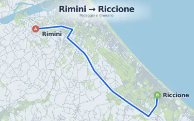 Mappa che mostra la distanza Rimini Riccione con un percorso blu che collega le due città.