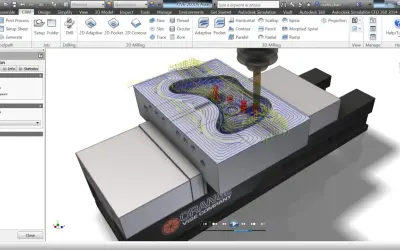Simulazione CAM di Autodesk: un utensile lavora un pezzo con percorsi di taglio complessi, mostrando cos'è Autodesk per la produzione.
