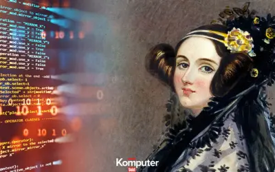 Ada Lovelace, pierwsza programistka, w otoczeniu kodu komputerowego.