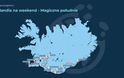 Mapa trasy "Islandia na weekend - Magiczne południe". Zaznaczone punkty: Reykjavik, Gullfoss, Jökulsárlón i inne atrakcje południowego wybrzeża.