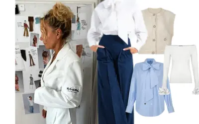 Eleganckie ubrania na rozpoczęcie roku szkolnego: biała koszula z kokardą, błękitna koszula z kokardą, kamizelka, biała bluzka z falbankami.