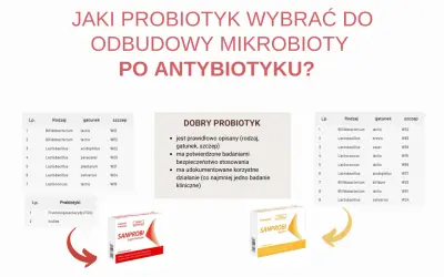 Dwa opakowania probiotyków Sanprobi na tle tabeli z rodzajami bakterii.