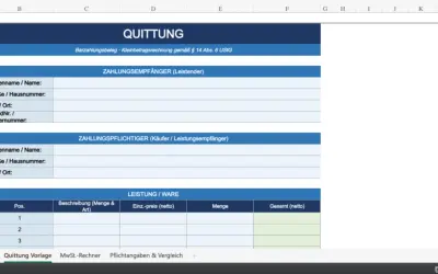 Vorlage für eine Quittung. Hier siehst du, wie man eine Quittung schreibt, mit Feldern für Empfänger, Zahler und Leistungen.