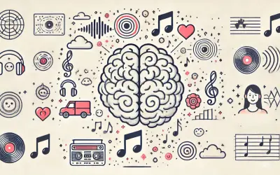 Mózg pełen muzyki: nuty, płyty winylowe, słuchawki i fale dźwiękowe tworzą wesołą melodię.