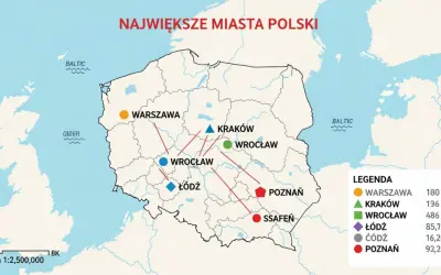 Mapa przedstawia najwieksze miasta Polski: Warszawę, Kraków, Wrocław, Łódź, Poznań i inne.