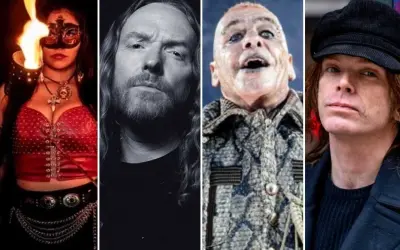 Collage med medlemmar av Rammstein: en kvinna med eld, en man med långt hår, Till Lindemann och Richard Kruspe.