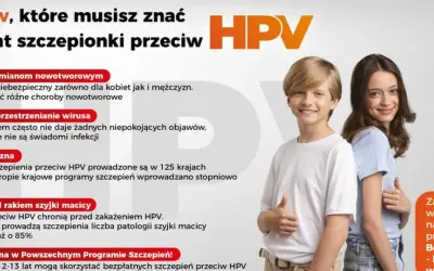 Uśmiechnięty chłopiec i dziewczynka na tle informacji o szczepionce HPV.