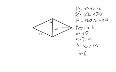 Rysunek rombu z zaznaczonymi długościami boków i przekątnych oraz wzory matematyczne.