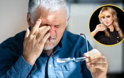 Starszy mężczyzna pociera oczy, trzymając okulary. W tle kobieta z młoteczkiem neurologicznym, sugerującym badanie neurologiczne.