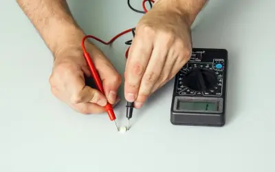 Ręce trzymające sondy multimetru dotykające małego białego elementu elektronicznego.