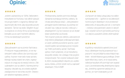 Ikona domu z napisem "Odbiory Mieszkań" i fragmenty opinii klientów.