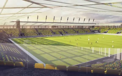 Nowy stadion GKS Katowice z żółto-zielonymi trybunami. Wyobraź sobie jego pojemność podczas meczu!