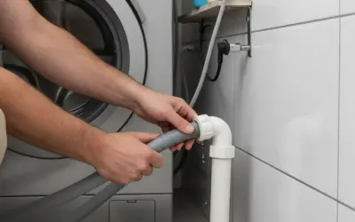 Mains de personne effectuant le branchement machine à laver, connectant le tuyau gris à un raccord blanc sur un tuyau d'évacuation vertical.