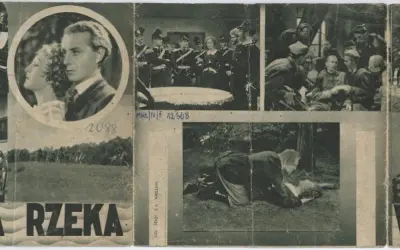 Kolaż scen z filmu "Wierna rzeka": para w okręgu, żołnierze, scena w lesie, kobieta z mężczyzną na rękach.