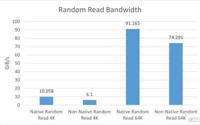 Graphique comparant la vitesse SSD en lecture aléatoire 4K et 64K. Les performances natives sont bien supérieures.