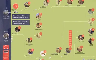 Mapa z trasą zwiedzania Muzeów Watykańskich. Pokazuje wejście, wyjście, wypożyczalnię audioprzewodników i poszczególne sale.