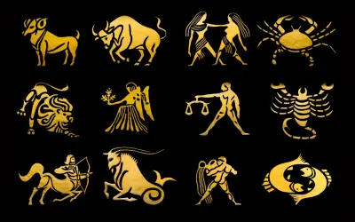 Dodici simboli dorati del **segno zodiacale** su sfondo nero, come un **quarzo citrino** che illumina il cielo notturno.