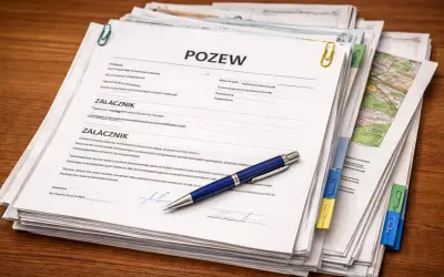 Stos dokumentów z nagłówkiem "POZEW" i niebieskim długopisem. To materiały pomocne, gdy zastanawiasz się, jak napisać pozew.