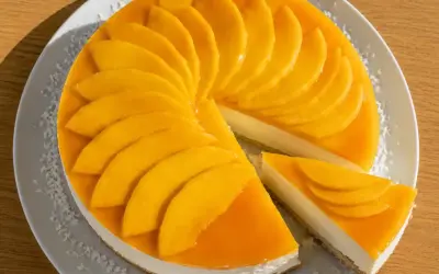 En krämig mango cheesecake med färska mangoskivor som pryder toppen. En bit är uppskuren och visar den lena fyllningen.