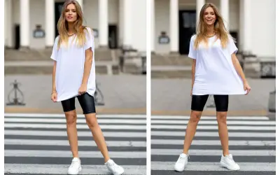 Modne kolarki stylizacje: biała oversize koszulka, czarne legginsy kolarki i białe sneakersy na pasach.