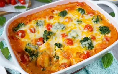 Ein Auflauf mit Gnocchi, Brokkoli und Tomaten in cremiger Sauce, überbacken mit Käse. Perfekt für ein schnelles Mittagessen für Kinder.