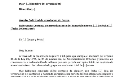 Solicitud de devolución de fianza de alquiler. El documento detalla la referencia del contrato y la petición formal para el retorno del depósito.