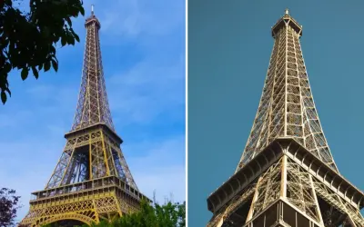 Deux vues de la **peinture Tour Eiffel** sous un ciel bleu. L'une est encadrée par des feuilles vertes, l'autre est un plan rapproché.