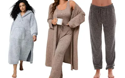 Trzy zestawy odzieży domowej plus size: szary szlafrok z kapturem, beżowy komplet z kardiganem i szare spodnie dresowe.