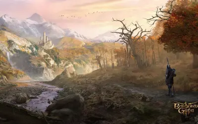 Rycerz w zbroi wędruje przez jesienny krajobraz z zamkiem w oddali. Idealna sceneria dla graczy szukających wysokich **Baldur's Gate 3 wymagań**.