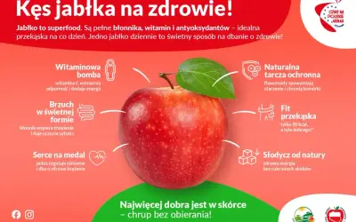 Jabłko to zdrowa przekąska, która ma tylko 90 kcal. Pełne witamin i błonnika, wspiera trawienie i serce. Chrup jabłko na zdrowie!