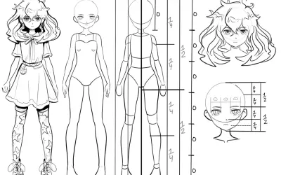 Zeichnungsvorlage: Anime-Figur mit Proportionen und Gesichtsaufteilung.