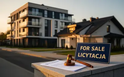 Młotek sędziowski i dokumenty na tle nowoczesnych budynków. Tabliczka "FOR SALE LICYTACJA" zapowiada **egzekucję z nieruchomości**.