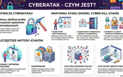 Ilustracja wyjaśnia, czym jest cyberatak, jego anatomię i najczęstsze metody, takie jak phishing czy ransomware.