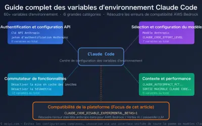 Diagramme expliquant les variables d'environnement pour Claude Code, incluant l'authentification, la sélection du modèle, les fonctionnalités et le contexte. Utile pour les développeurs Node.js utilisant dotenv.