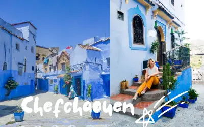 Urokliwe miasto w Maroku, Chefchaouen, zachwyca błękitem uliczek i domów. Kobieta siedzi na schodach, ciesząc się atmosferą.