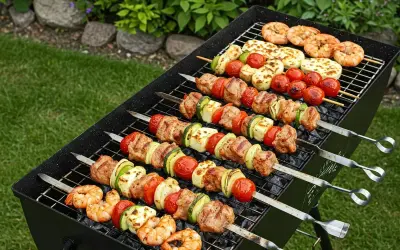 Grillowane szaszłyki z kurczaka, krewetki i halloumi. Idealna propozycja na letnie przyjęcie, z pewnością najlepsza marynata do szaszłyków z kurczaka!