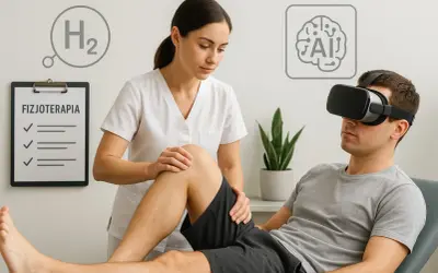 Fizjoterapeuta ocenia kolano pacjenta, który nosi gogle VR. Obok tablica z napisem "FIZJOTERAPIA" i symbole H2, AI.