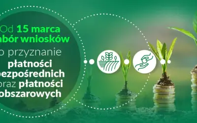 Od 15 marca nabór wniosków o przyznanie płatności bezpośrednich i obszarowych. Rośliny rosnące na stosach monet symbolizują wsparcie dla rolnictwa.