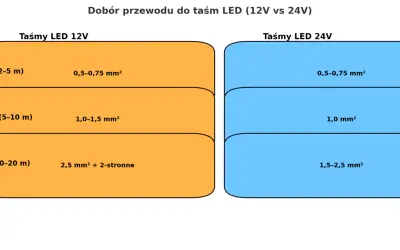 Wykres porównuje dobór kabla RGB do taśm LED 12V i 24V, zależnie od długości i przekroju przewodu.