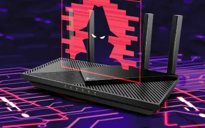 Router z groźnym cieniem hakera na ekranie. Czy wifi jest szkodliwe? Obraz sugeruje zagrożenie bezpieczeństwa danych.